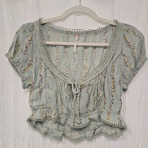 Free People Sage Floral Blouse with Lace Detail